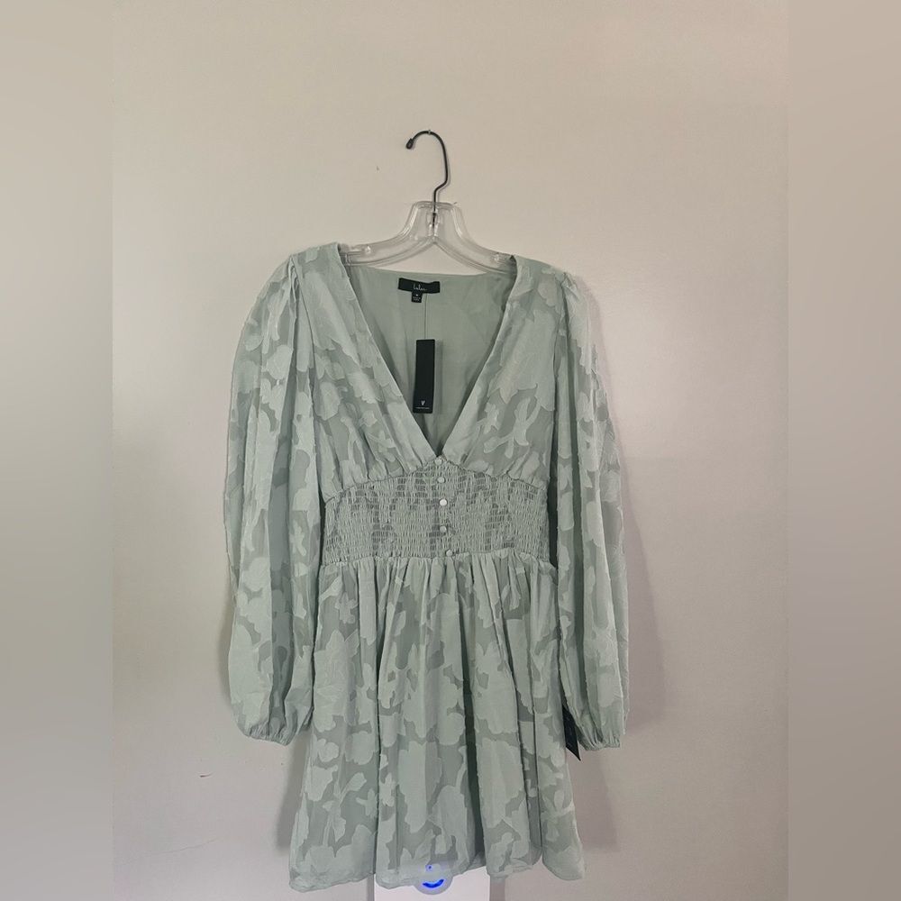 Lulu's Light Sage Floral V-Neck Smocked Waist Mini Dress